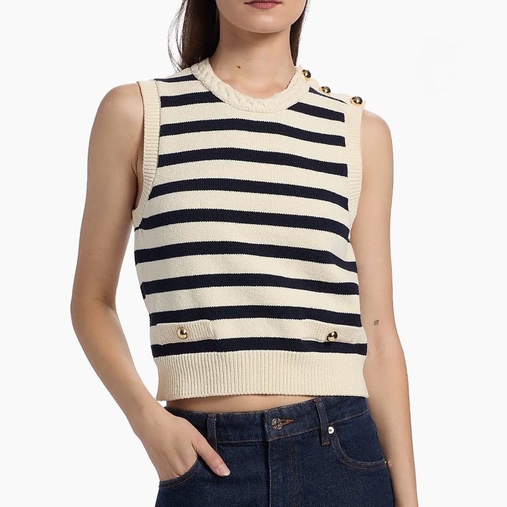 Frame The Harbor Vest Stripped Sleeveless Knit Top - Navy and Cream size XS - Picture 13 of 14